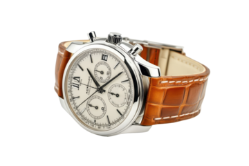 Elegant silver chronograph watch with brown leather strap isolated on transparent background. Luxury wristwatch isolated on white background.