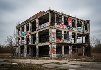 Decayed Urban Canvas: An Abandoned Building with Graffiti Art Display