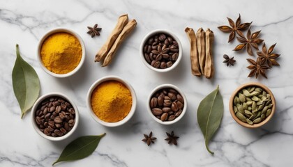 Assorted spices and herbs on a marble surface