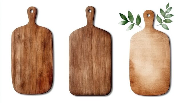 Set of watercolor kitchen wooden cutting boards. Hand. Painted culinary timber prep plank array. manual artistic cooking surface. aquarelle home decor. chopping block. food preparation.