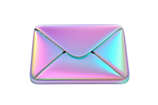Holographic iridescent envelope icon isolated on transparent background. Mail holographic isolated on white background, 3d rendering.
