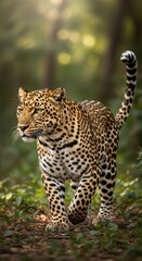 Obraz premium Elegant leopard strides through forest under soft sunlight, nature's majesty