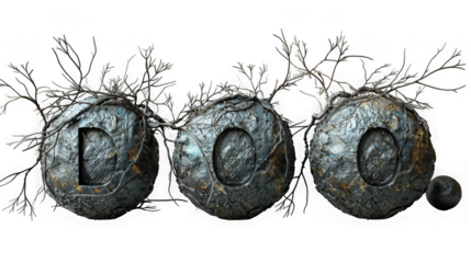 The word doo is spelled out with stone spheres adorned with twigs, isolated on transparent background, creating a rustic and artistic design