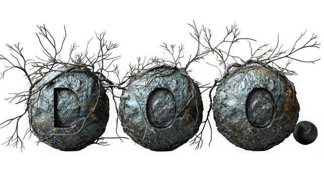 The word doo is spelled out with stone spheres adorned with twigs, isolated on transparent background, creating a rustic and artistic design