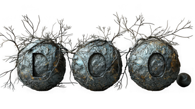 The word doo is spelled out with stone spheres adorned with twigs, isolated on transparent background, creating a rustic and artistic design