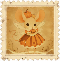 Halloween stamp, Adorable fairy mouse dressed for Halloween holding candy and a tiny pumpkin.
Ideal for festive packaging, party invites, or seasonal stationery.