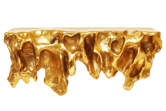 Molten gold dripping from a textured surface isolated on transparent background. Melted gold dripping isolated on white background, 3d rendering.
