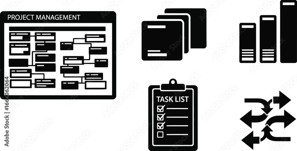Poster project management icons for business planning, task lists, and data analysis with bold graphics