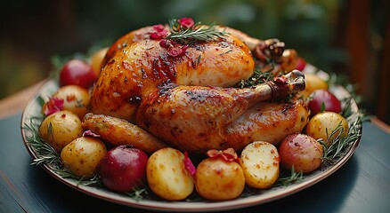 Golden Roasted Whole Chicken with Potatoes and Rosemary Garnish roasted chicken poultry