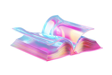 Iridescent crystal book sculpture isolated on transparent background. Open pink book fluid holographic isolated on white background, 3d rendering.