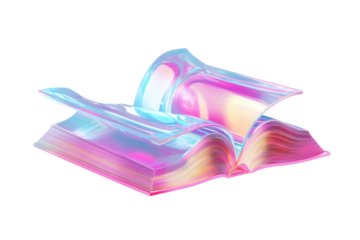 Iridescent crystal book sculpture isolated on transparent background. Open pink book fluid holographic isolated on white background, 3d rendering.
