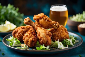 Crispy Fried Chicken Drumsticks on Blue Plate with Beer