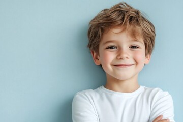 Kid in casual white t-shirt on blue background, happy face, smiling, arms crossed, looking at camera. A positive boy. Copy space. Banner for advertising