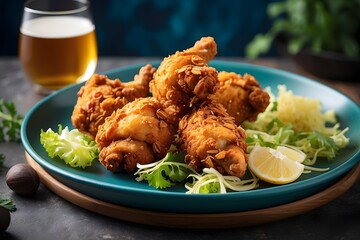 Crispy Fried Chicken Drumsticks on Blue Plate with Beer