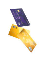 Flying different credit cards on white background