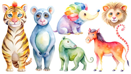 Naklejka premium Six Whimsical Watercolor Animal Illustrations Tiger Lemur Hedgehog Horse Lion Tapir Colorful Cute Cartoon Style Childrens Book Design