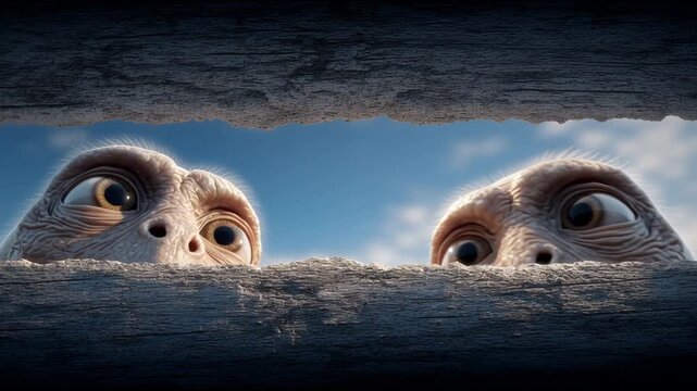 Surreal pov view of funny, curious creature animal peeking over wooden fence with surprised, wide fantasy eye