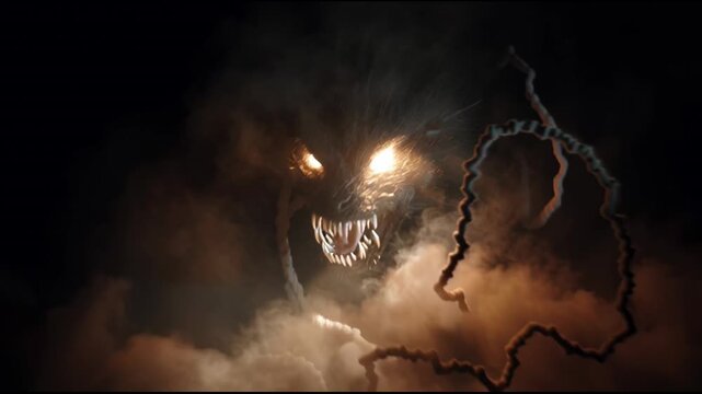 Terrifying monster with scary glowing eye emerges from dark storm. An evil horror creature from fantasy nightmare