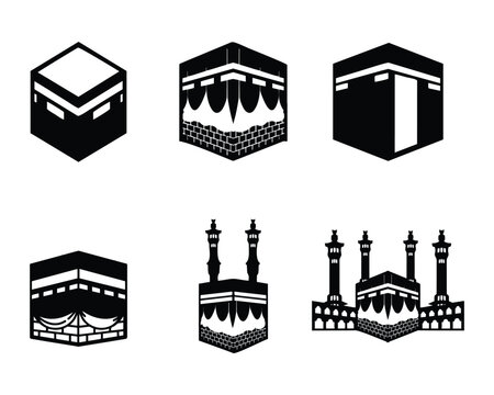 muslim holly kaaba mecca set collection pack bundle black shape icon silhouette vector flat illustration design on white background