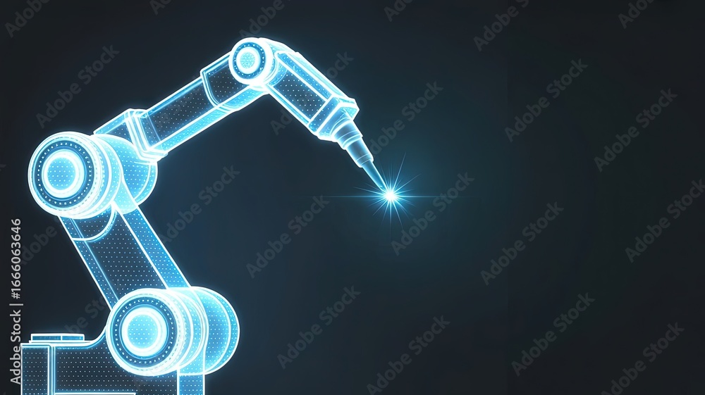 Poster digital blueprint: a glowing, futuristic robotic arm extending into the dark void, signifying the da