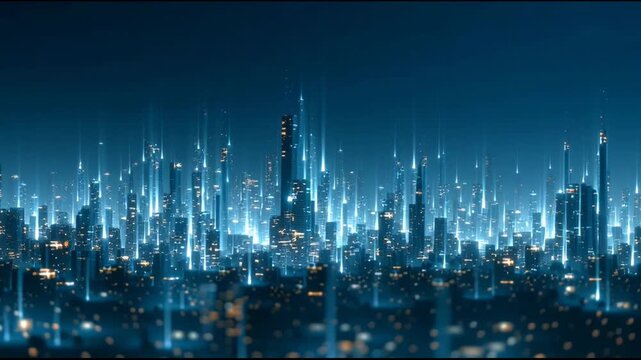 Futuristic smart city animation of modern glowing cityscape. An awe inspiring urban technology network at night