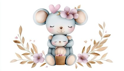 Watercolor cute cartoon little baby and mom koala wit. Painted lovable infant alongside parent marsupial illustration adorable wildlife fauna childcare affection watercolor artwork