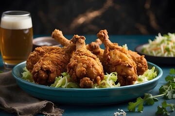 Crispy Fried Chicken Drumsticks on Blue Plate with Beer