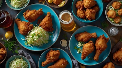 Crispy Fried Chicken Drumsticks on Blue Plate with Beer