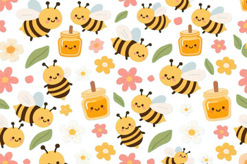 Obraz premium Cute bees, honey jars, and flowers seamless pattern.