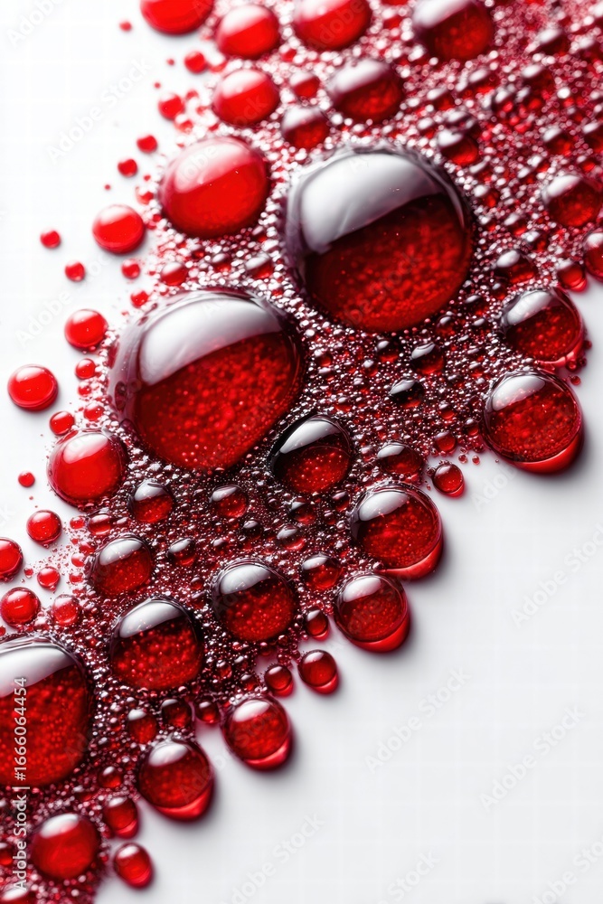 Poster vibrant red liquid droplets create a captivating abstract pattern on a smooth white surface.