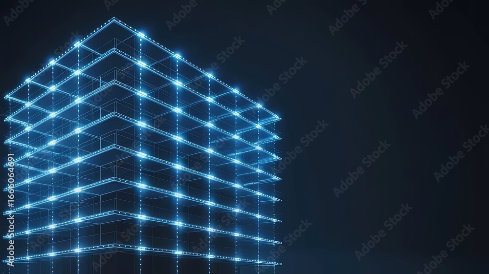 Poster abstract building in cyber space: an abstract architectural design rendered in blue lines, glowing a