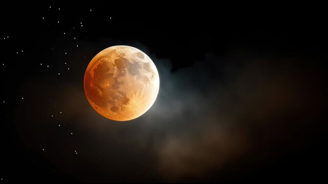Mysterious lunar eclipse of red blood moon glowing through soft cloud. Awe inspiring celestial event in dark night sky