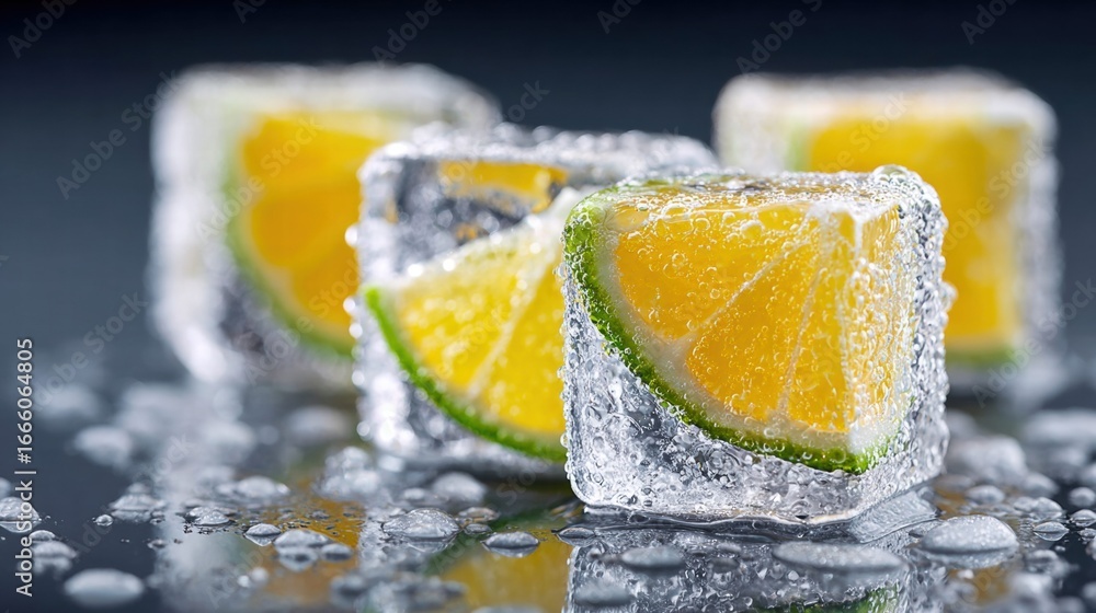 Poster refreshing close-up of lime and lemon slices encased in ice cubes, perfect for summer.