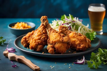 Crispy Fried Chicken Drumsticks on Blue Plate with Beer