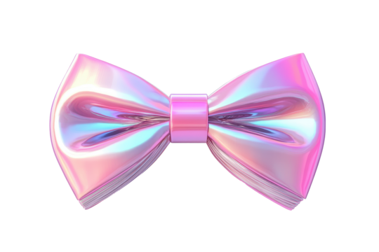 Shiny pink iridescent bow isolated on transparent background. Pink bow tie isolated on white background, 3d rendering.