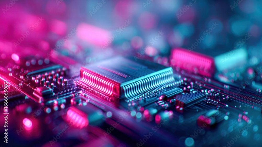 Aufkleber close-up of a computer processor illuminated with neon pink and blue lights.