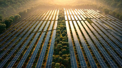 Aerial View Solar Farm, Renewable Energy, Clean Power, Sunrise stock image
