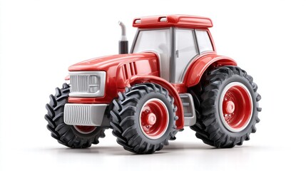 Bright red tractor model, ready for work or play, is isolated on a white backdrop.