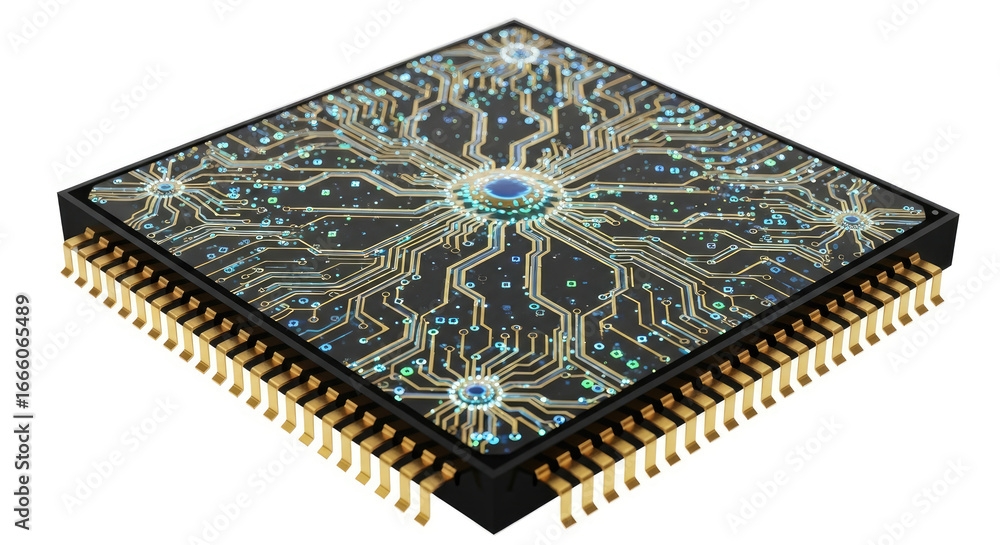 Poster close up of a square microchip with gold pins and intricate circuit patterns on a white background