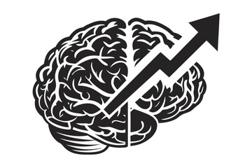 Human Brain and Arrow Pointing Upward in Format on White Background