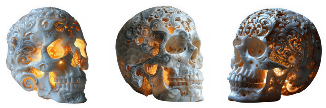 Ornate carved skull with intricate details, illuminated by a warm glow, a unique piece of art and decoration isolated on transparent background