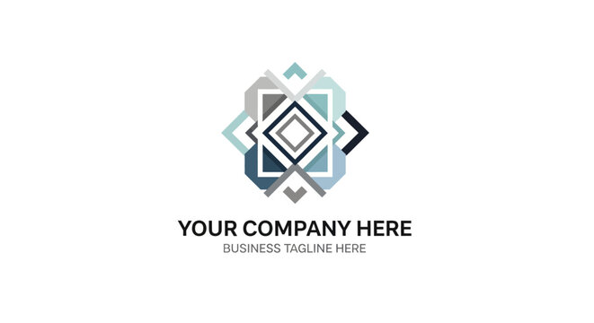 Abstract symmetrical geometric logo design with blue, teal, and grey interlocking shapes