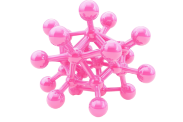 Abstract pink molecular structure with spherical ends isolated on transparent background. Pink molecule structure isolated on white background, 3d rendering.