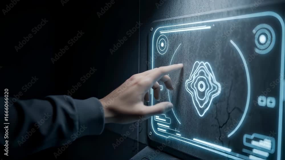 Poster man interacting with glowing alien technology user interface panel, futuristic dark design, advanced