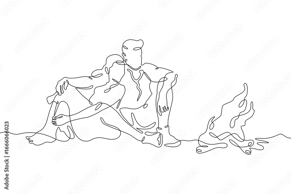 Poster continuous single line drawing a couple in love by the fire.linear design. one continuous line isola