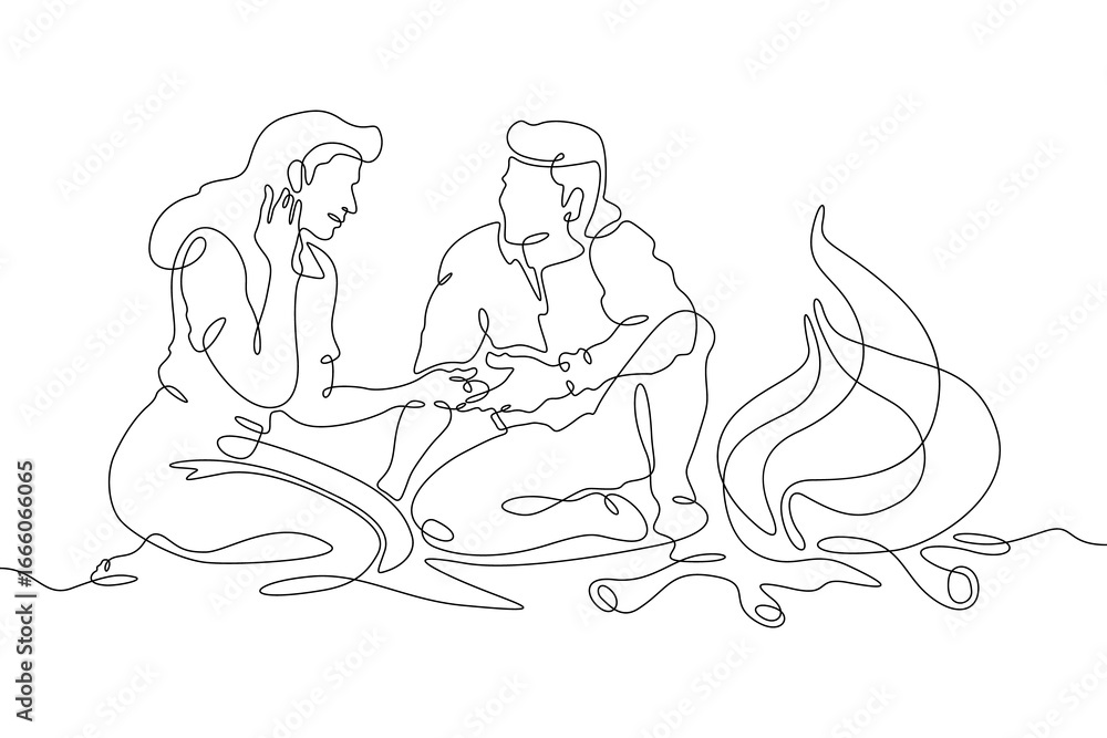 Poster continuous single line drawing a couple in love by the fire.linear design. one continuous line isola