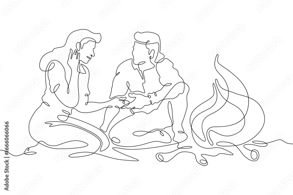 Poster continuous single line drawing a couple in love by the fire.linear design. one continuous line isola