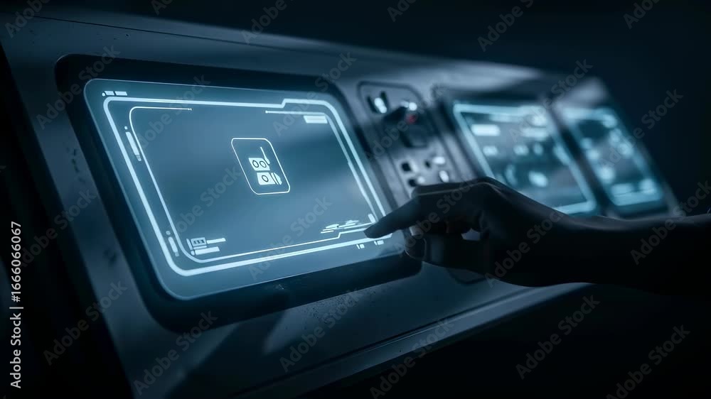 Poster woman presses glowing microphone icon on futuristic touchscreen, activating voice command and digita