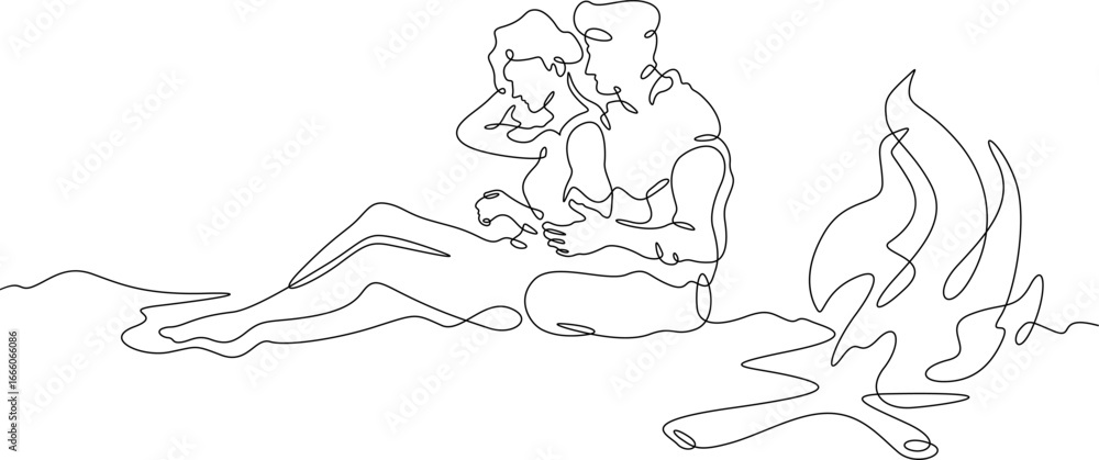 Poster continuous single line drawing a couple in love by the fire.linear design. one continuous line isola
