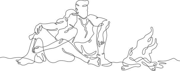 Continuous single line drawing a couple in love by the fire.Linear design. One continuous line isolated minimalist illustration. Not AI.